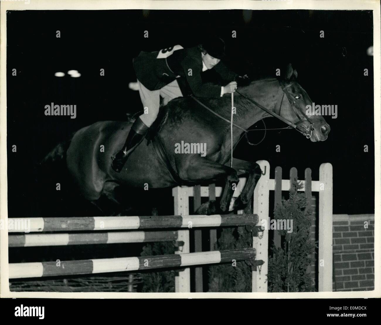 10. Oktober 1954 - Eröffnung des Pferd von der Jahre zeigen: Das Pferd von the Year Show, organisiert von der British Association Show Jumping am Harringay heute Abend eröffnet. Foto zeigt Miss Pat Moss auf Danny Boy - Einnahme einen Sprung während der Ouvertüre Einsätze Harringay heute Abend. Stockfoto