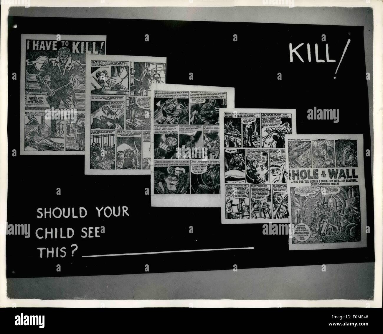 11. November 1954 - Lehrer halten Horror Comic-Ausstellung: Eine Horror-Comic-Ausstellung organisiert von den Führern der National Union of Teachers fand in deren Hauptquartier bei Hamilton House, W.C. 1, heute. Es wird geglaubt, eine Display wird wertvoll sein, da viele Menschen nicht gesehen habe Horror Comics sogar durch dort ist ein Gefühl, dass einige Maßnahmen zur Verhütung ihrer Veröffentlichung gefordert werden sollte. M.P. s wurden eingeladen, die Ausstellung. Foto zeigt eine Darstellung der Seiten von einem der Horror-Comics - auf der Messe heute. Stockfoto