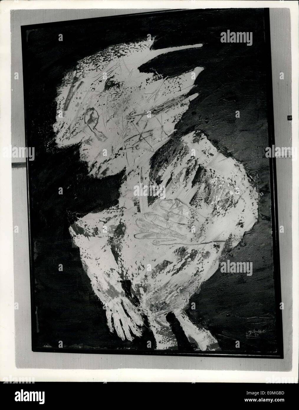 29. März 1955 - Gemälde - Zeichnungen und Skulpturen von Jean Dubuffet - Frankreich: Foto zeigt '' L'Homme A La Casquette'' 1954-eines der Gemälde in der Ausstellung der Werke von Jean Dubuffet von Frankreich - am Institute of Contemporary Arts - große Dever St. London W.1. Stockfoto