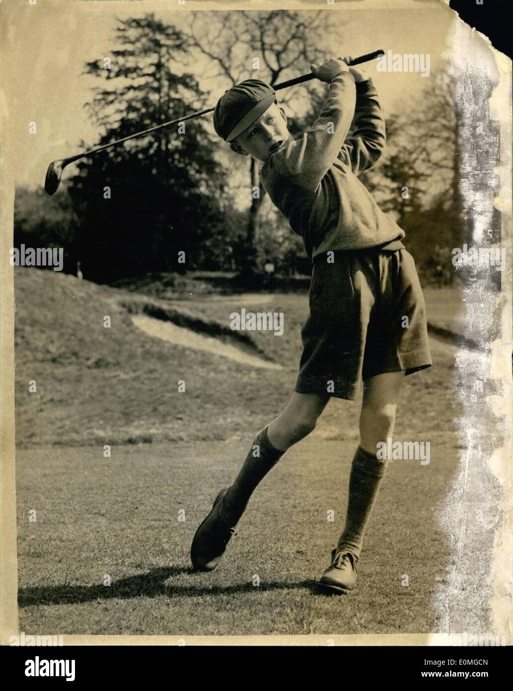 4. April 1955 - offene Golfturniere Boys: The Boys offene Golfturniere für die Carris Trophy fand heute im Moor Park Club, Rickmansworth, Herts. Das Foto zeigt Rodney Foster, 13, aus Bradford, Yorkshire - wer war der kleinste Konkurrent, und für wen ist eine große golferische Zukunft vorausgesagt - Anfahren von einem des Tees in der ersten Runde im Moor Park heute zu sehen. Stockfoto