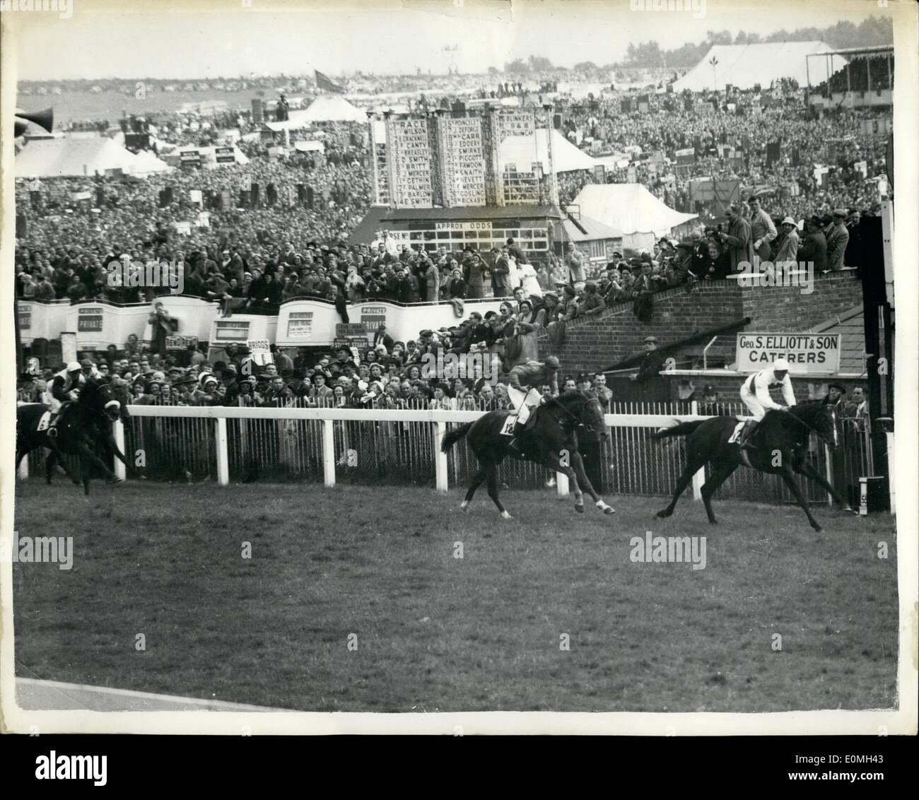 05. Mai 1955 - Ziel des Derby IN Epsom.. ''Phil Drake'' Gewinnt. Foto zeigt: Die scee als ''Phil Drake'' gewinnt heute Nachmittag das Derby in Epsom von ''Panaslipper'' und ''Acropolis''. ''Phil Drake'' ist im Besitz von Madae Suzy Volterra und wird von F. Palmer geritten. Stockfoto