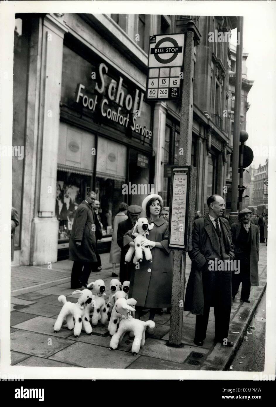 28. April 1956 - Mary hatte ein kleines Lamm- aber Brenda hatte sieben: Mary hatte ein kleines Lamm- aber Brenda hatte sieben-für Ther Schaufenster an ein Regent Street Store. Brenda Bowls, 17, aus Bermodsey, sieht man wartet ein Bys zu ihr in den Laden, wo sie Lämmer Spielzeug werden auf dem Display. Stockfoto