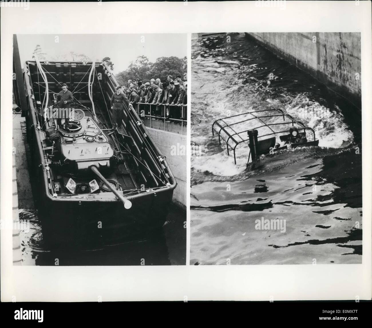 10. Oktober 1956 - Landkriegsführung braucht, um Wasser: Vertreter der vielen ausländischen Armeen, einschließlich derjenigen aus Russland und Deutschland, sah den letzten Demonstration bei der britischen Ministry of Supply kämpfen Fahrzeuge Research and Development Establishment in Surrey, England. Foto zeigt links: 50-Tonnen-Centurion-Panzer in einem Planschbecken Grube stürzt und beginnt zu schweben. Es hat einen zusammenklappbaren wasserdichten Bildschirm um die oberen Flächen, so dass Turm Deckel offen gelassen werden kann Stockfoto