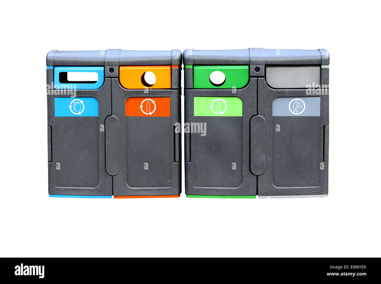 Vier Behälter mit Müll Symbole in einer Reihe isoliert auf weiss zu recyceln Stockfoto