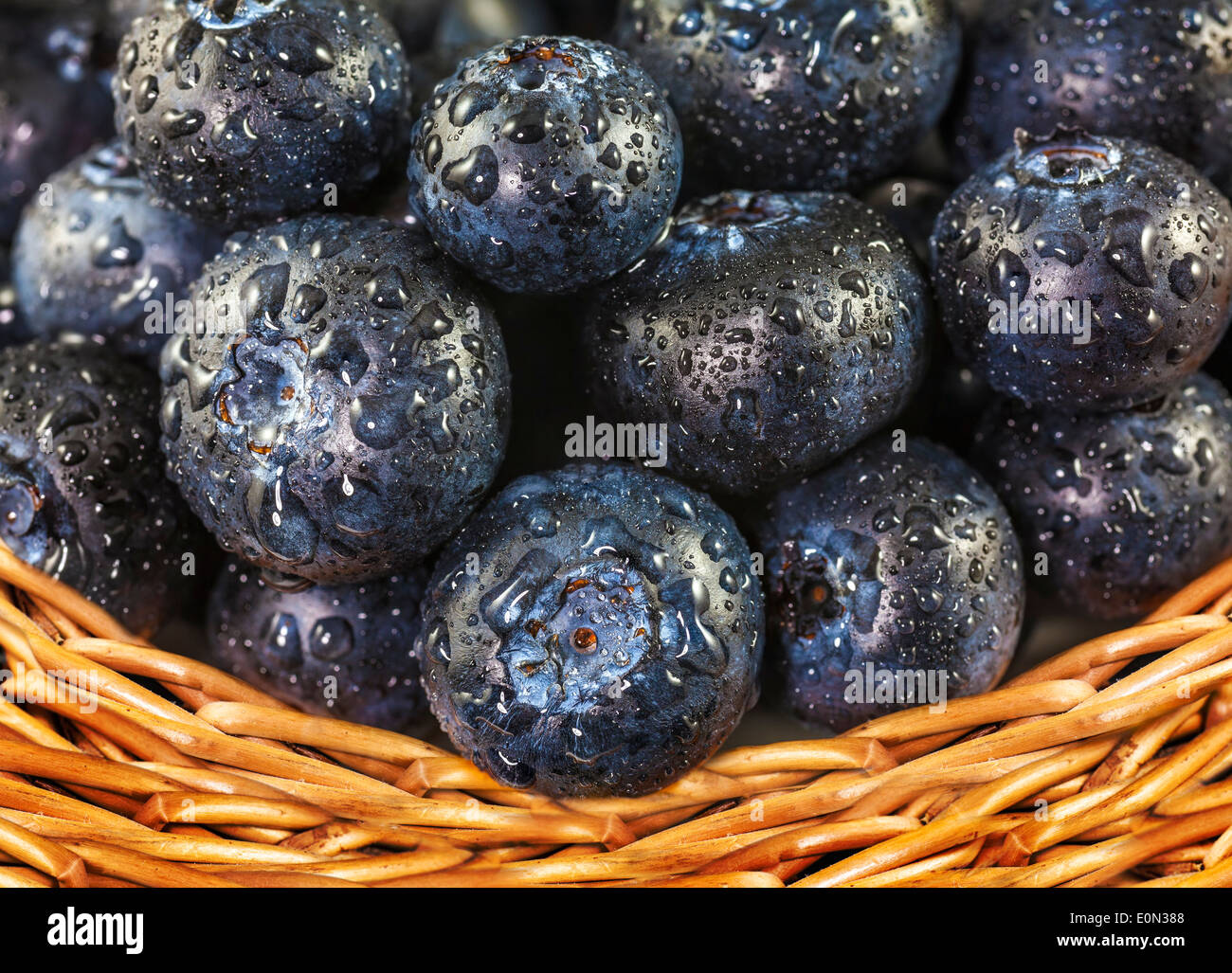 Frische Heidelbeeren mit Wasser Tropfen im Weidenkorb. Stockfoto