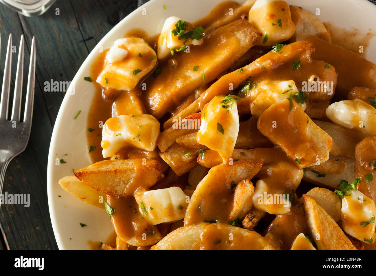 Ungesunde köstliche Poutine mit Pommes Frites und Soße Stockfoto