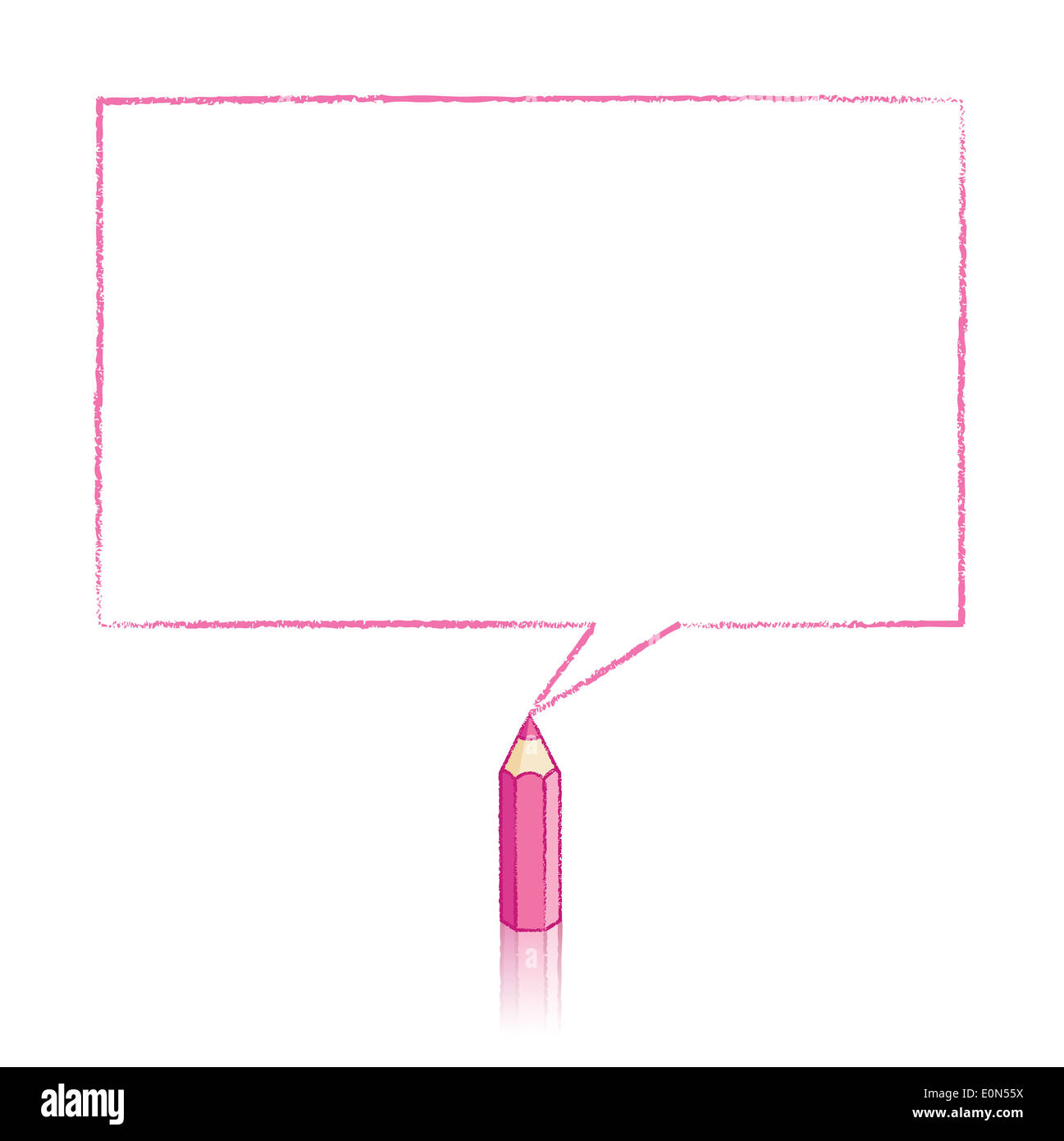 Rosa Bleistift mit Reflexion Zeichnung rechteckige Sprechblase auf weißem Hintergrund Stockfoto