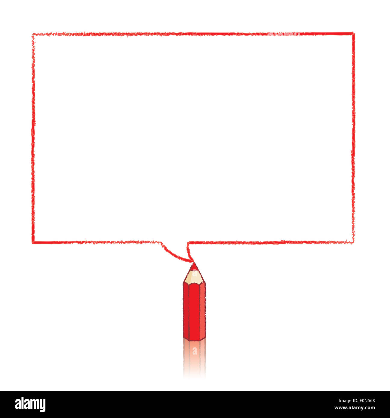 Roter Buntstift mit Reflexion Zeichnung rechteckige Sprechblase auf weißem Hintergrund Stockfoto