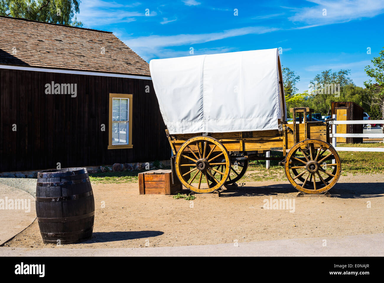 Planwagen. Old Town San Diego State Historic Park, San Diego, California, Vereinigte Staaten von Amerika. Stockfoto
