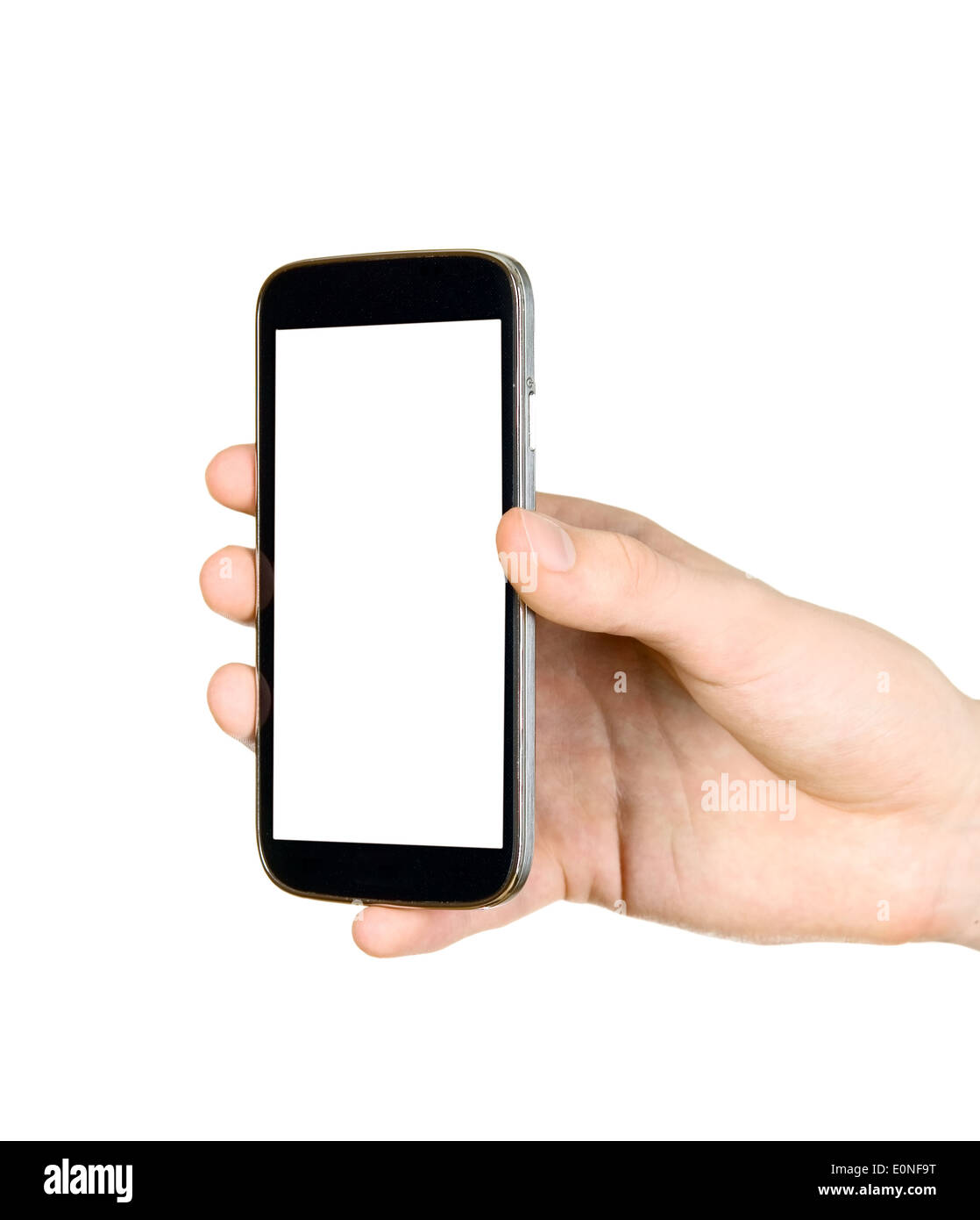Mann hält Mobile Smartphone mit leerer Bildschirm Stockfoto