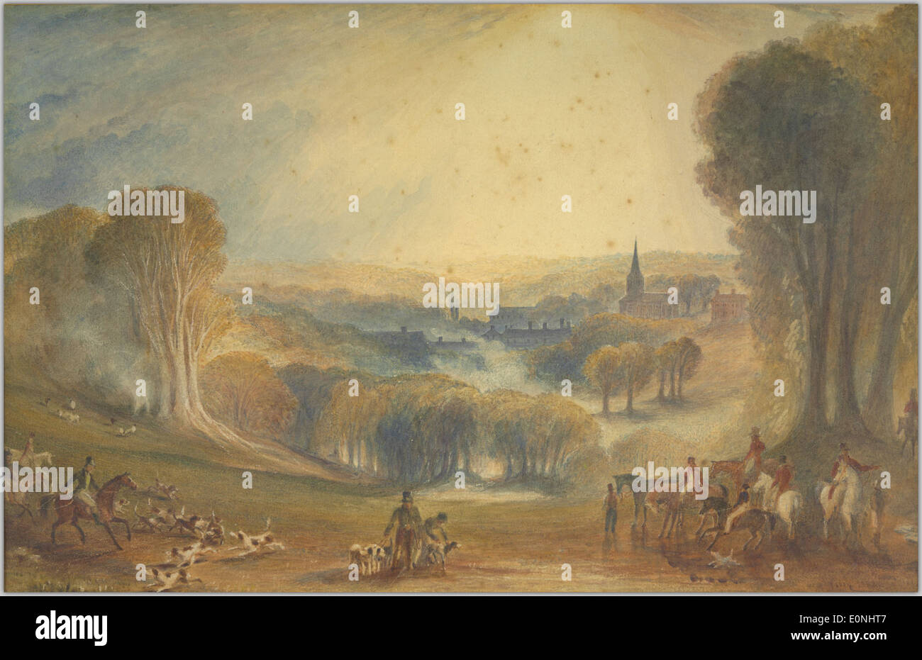 Eine Szene, die eine traditionelle Fuchsjagd in einer ländlichen Landschaft darstellt. Das Bild zeigt Pferde, Reiter und Hunde, wie sie durch die offene Landschaft navigieren, und spiegelt die kulturelle Praxis der Fuchsjagd wider. Stockfoto