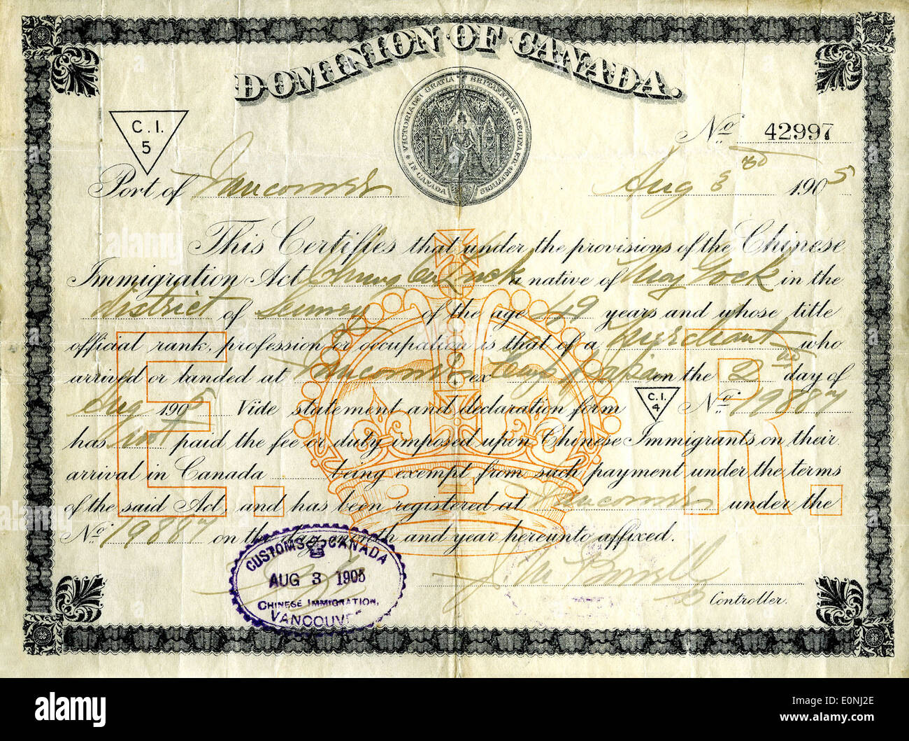 Die Steuerbefreiung bezieht sich auf die Politik, die bestimmte Gruppen von der Zahlung der Kopfsteuer befreit hat, eine historische Steuer, die für Einwanderer in verschiedenen Regionen, vor allem in Kanada, galt. Stockfoto