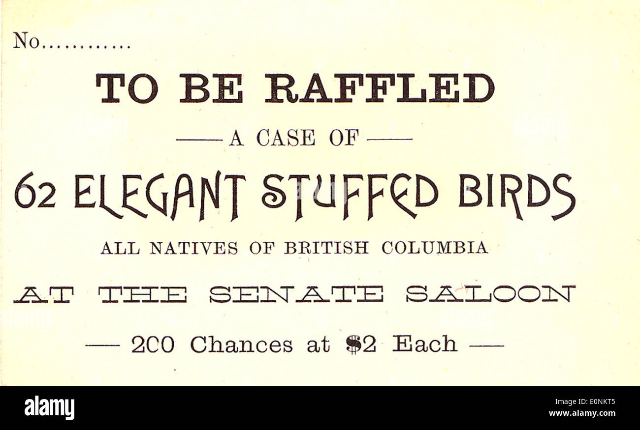 Ein historisches Ticket für eine Verlosung im Senate Saloon, bei der 62 elegante Kuschelvögel als Preise angeboten werden. Dieses einzigartige Objekt spiegelt eine Zeit der Präparation und ihrer Präsenz bei gesellschaftlichen Veranstaltungen wider. Stockfoto