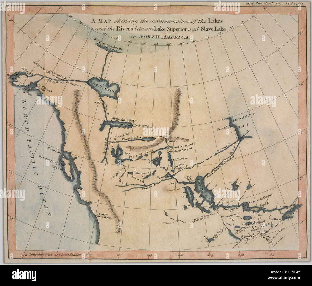 Eine Karte deutete die Kommunikation der Seen und Flüsse zwischen Lake Superior und Slave Lake in Nord-Amerika Stockfoto