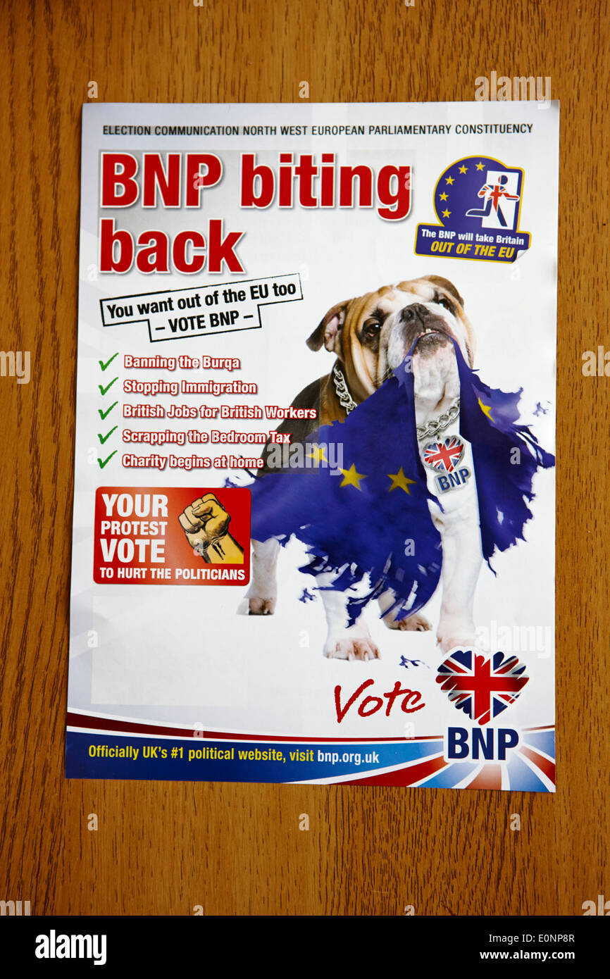 Wahl-Kommunikation-Informationen aus der British National Party für den Wahlkreis North West Europawahl Mai 2014 Stockfoto