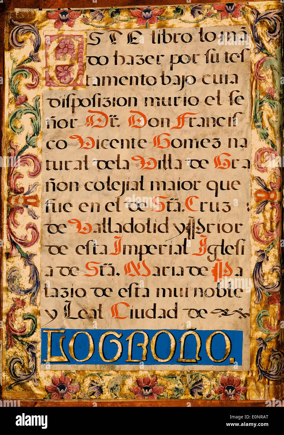 Eine detaillierte Ansicht von Seite 005 aus einer spanischen Gesangshandschrift, die die komplizierte Notation und den Text zeigt. Dieses historische Dokument repräsentiert die reiche Tradition der spanischen liturgischen Musik im Mittelalter. Stockfoto