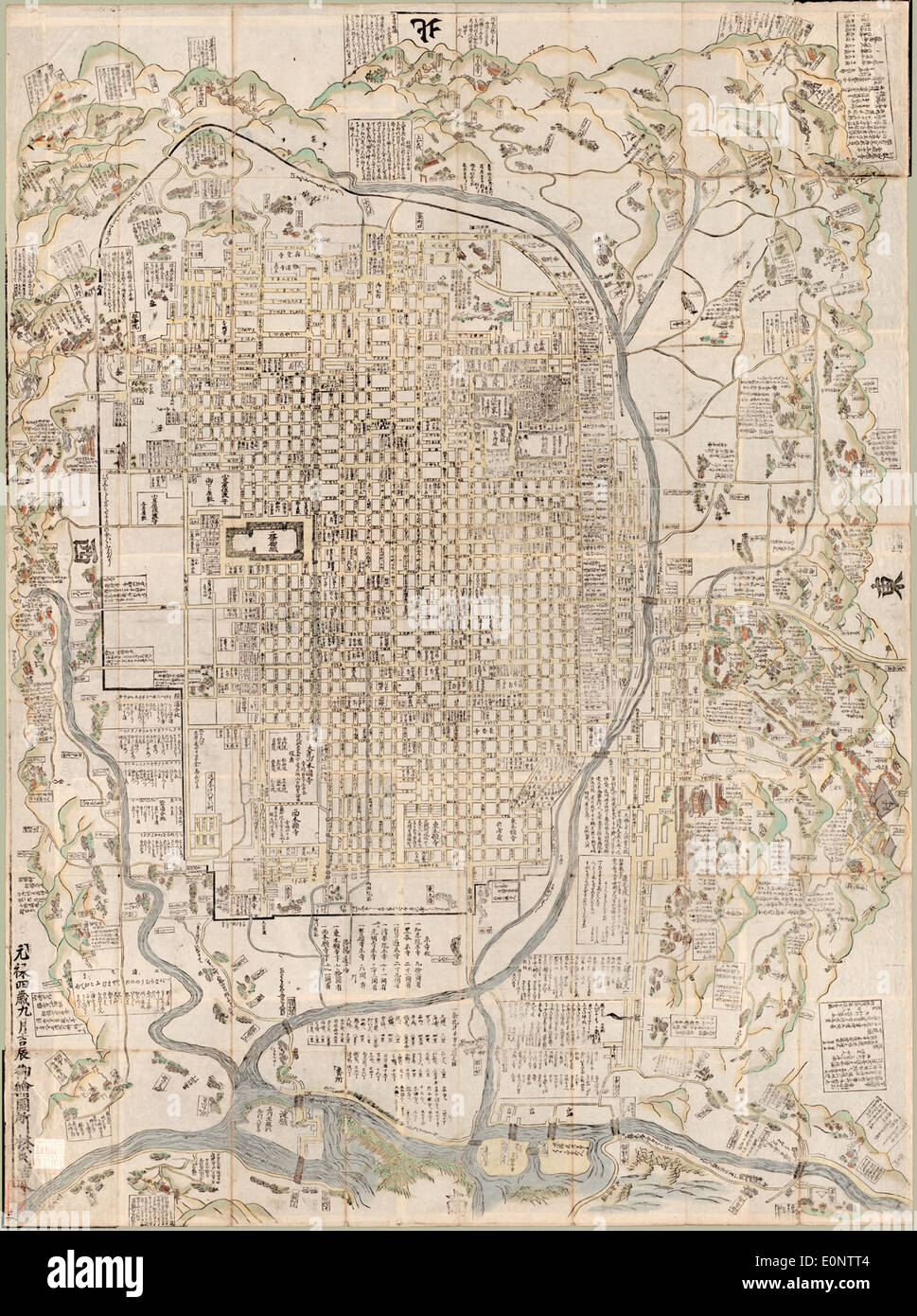 Diese Karte ist eine neu zusammengestellte und erweiterte Version von Kyoto, die ein detailliertes Layout der Stadt für ein besseres Verständnis und bessere Navigation bietet. Stockfoto