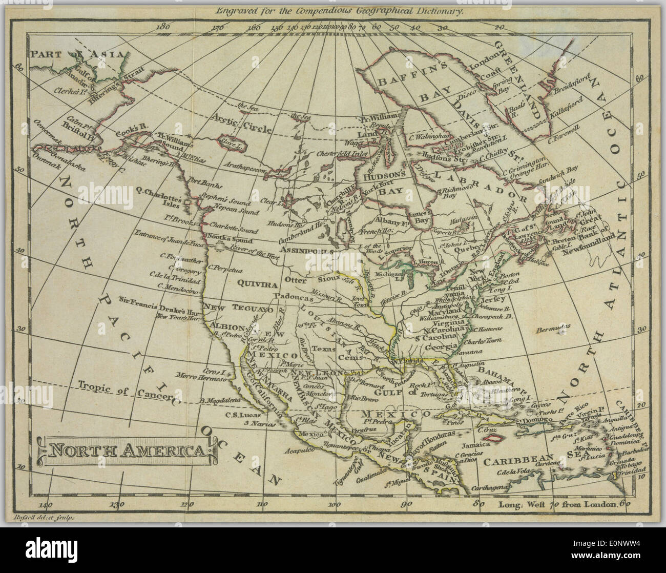 Eine Karte von Nordamerika eingraviert für die Compendious geographisches Wörterbuch. Stockfoto