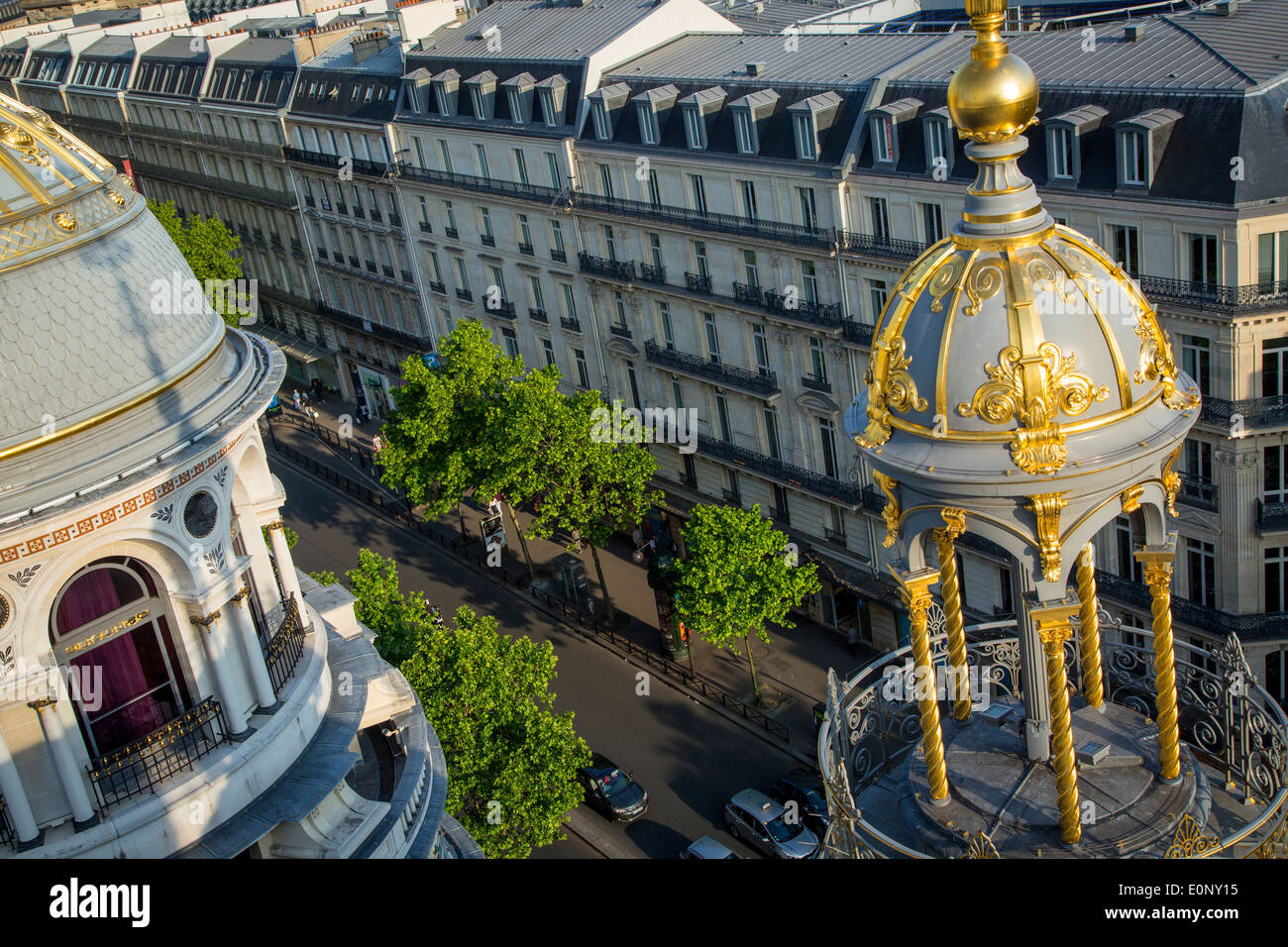 Blick auf den Boulevard Haussmann von der Spitze des Kaufhaus Printemps, Paris Frankreich Stockfoto