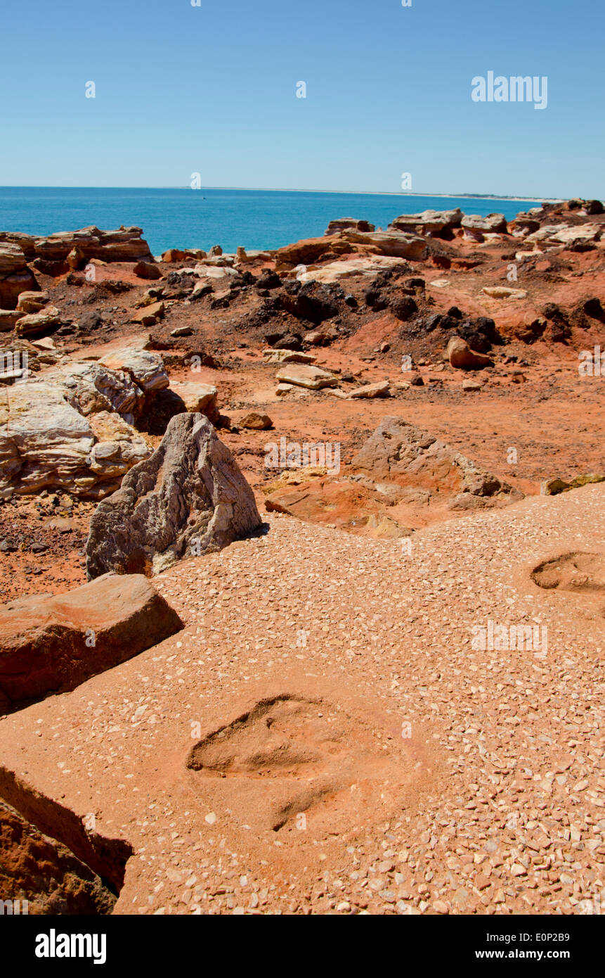 Australien, Western Australia, Broome, Gantheaume Point. Replik von 130 Millionen Jahre alten Dinosaurier-Fußspuren. Stockfoto