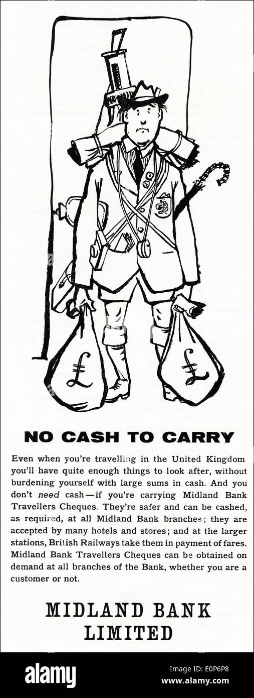 1950er Jahren Anzeige für MIDLAND BANK Reiseschecks im britischen Magazin vom Juli 1957 Stockfoto