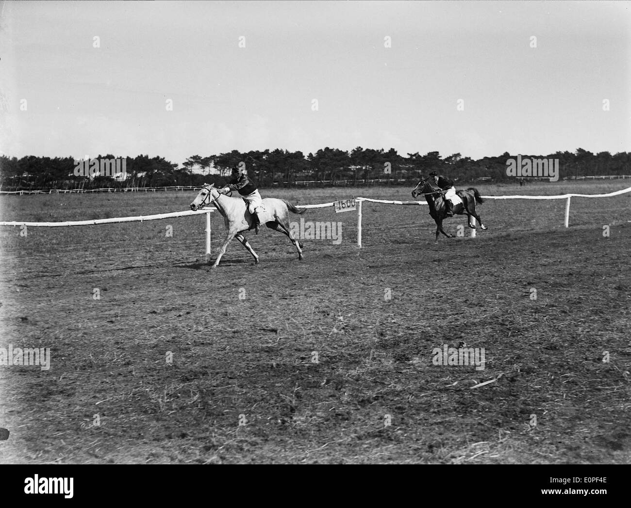Der Concurso Hípico in Lissabon, der um 1928 stattfand, zeigt Pferderennen auf der Rennstrecke. An der Veranstaltung beteiligen sich prominente Persönlichkeiten des Sports, darunter Mário Novais. Stockfoto