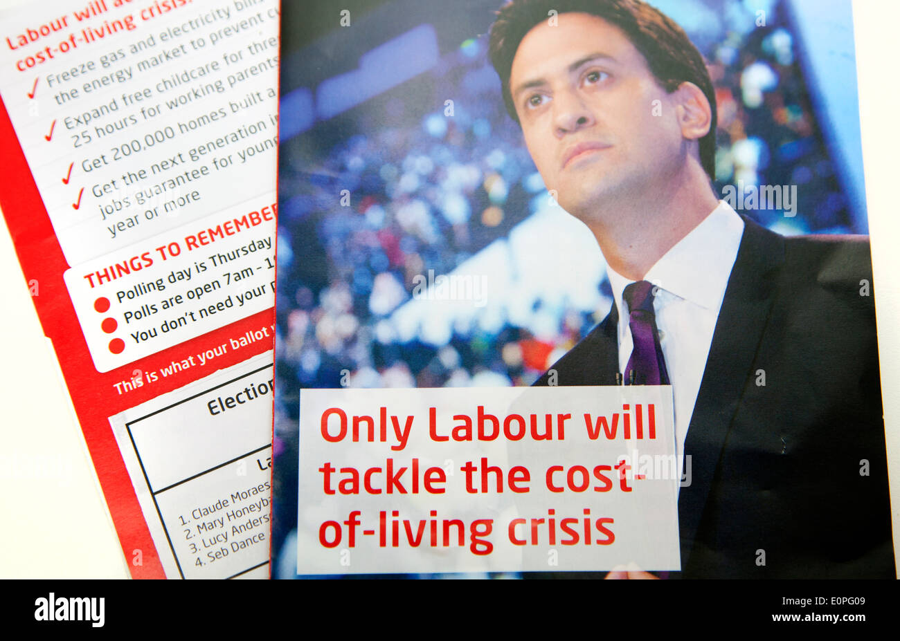 Labour Party Kampagne Merkblatt für Mai 2014 EU und Kommunalwahlen, London Stockfoto
