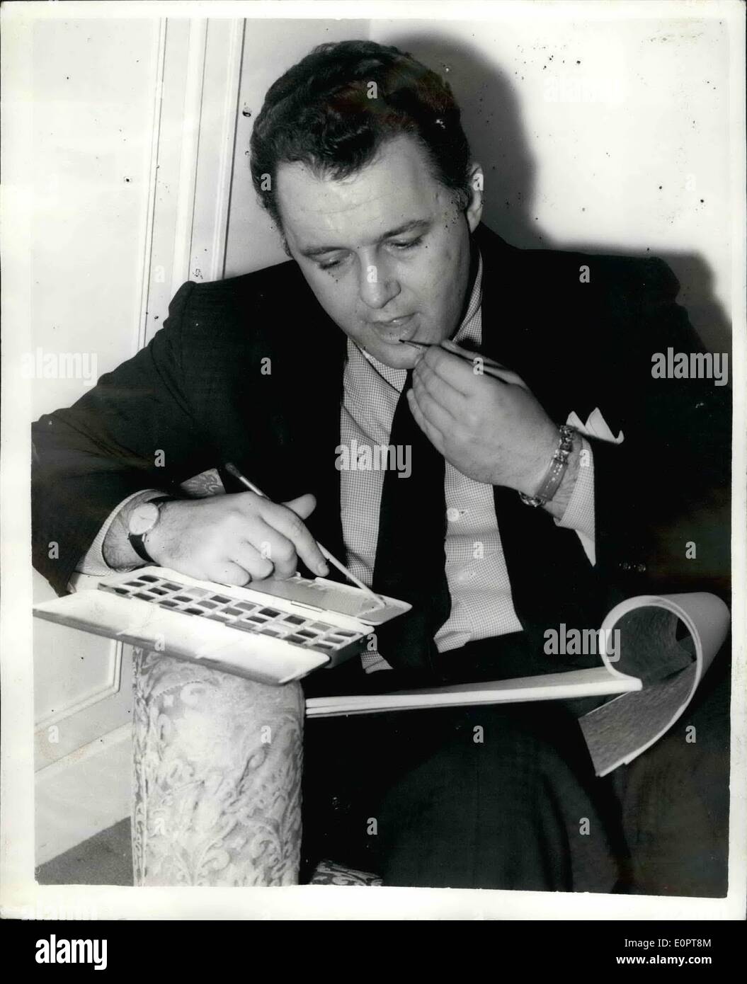 12. Dezember 1956 - Rod Steiger - amerikanische '' tough Guy'' star in London: Rod Steiger der amerikanischen Bildschirm-Star, dessen Name war verbunden mit, der von Diana Dors während die letzteren den letzten Besuch in Hollywood in London ist heute angekommen. Er ist für drei Monate im Filmgeschäft. Foto zeigt Rod Steiger, genießt sein Hobby Wasser Farbmalerei im Dorchester Hotel am Nachmittag. Stockfoto