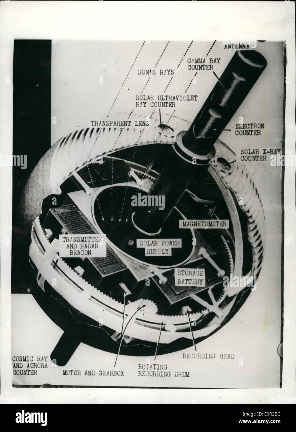10. Oktober 1957 - künstlerische Darstellung des Sat.: eine künstlerische Darstellung eines Satelliten - vermutlich ähnlich, die in die Atmosphäre durch die sowjetischen Wissenschaftler - vor ein paar Tagen gesendet der sowjetischen Satelliten dreht sich jetzt auf der ganzen Welt bei 18.000 mph mit einer erstaunlichen Regelmäßigkeit. Experten in vielen Ländern verfolgen den Fortschritt - und es wird berichtet, haben viele Menschen in den verschiedenen Teilen des Universums gesehen. Aktuelles aus der sowjetischen ist, dass das Gehäuse der letzten drei Raketen, die den Satelliten in die Atmosphäre nahm den Bau - 621 Meilen hinter jagt. Stockfoto