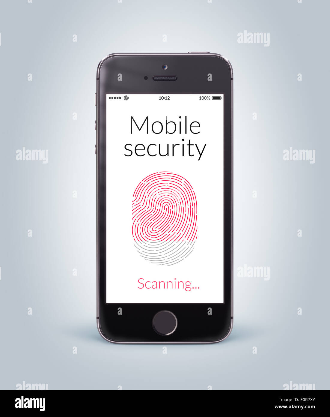 Direkt Frontansicht schwarz moderne Smartphones mit mobile Sicherheit Fingerabdruck Scannen auf dem Bildschirm Stockfoto