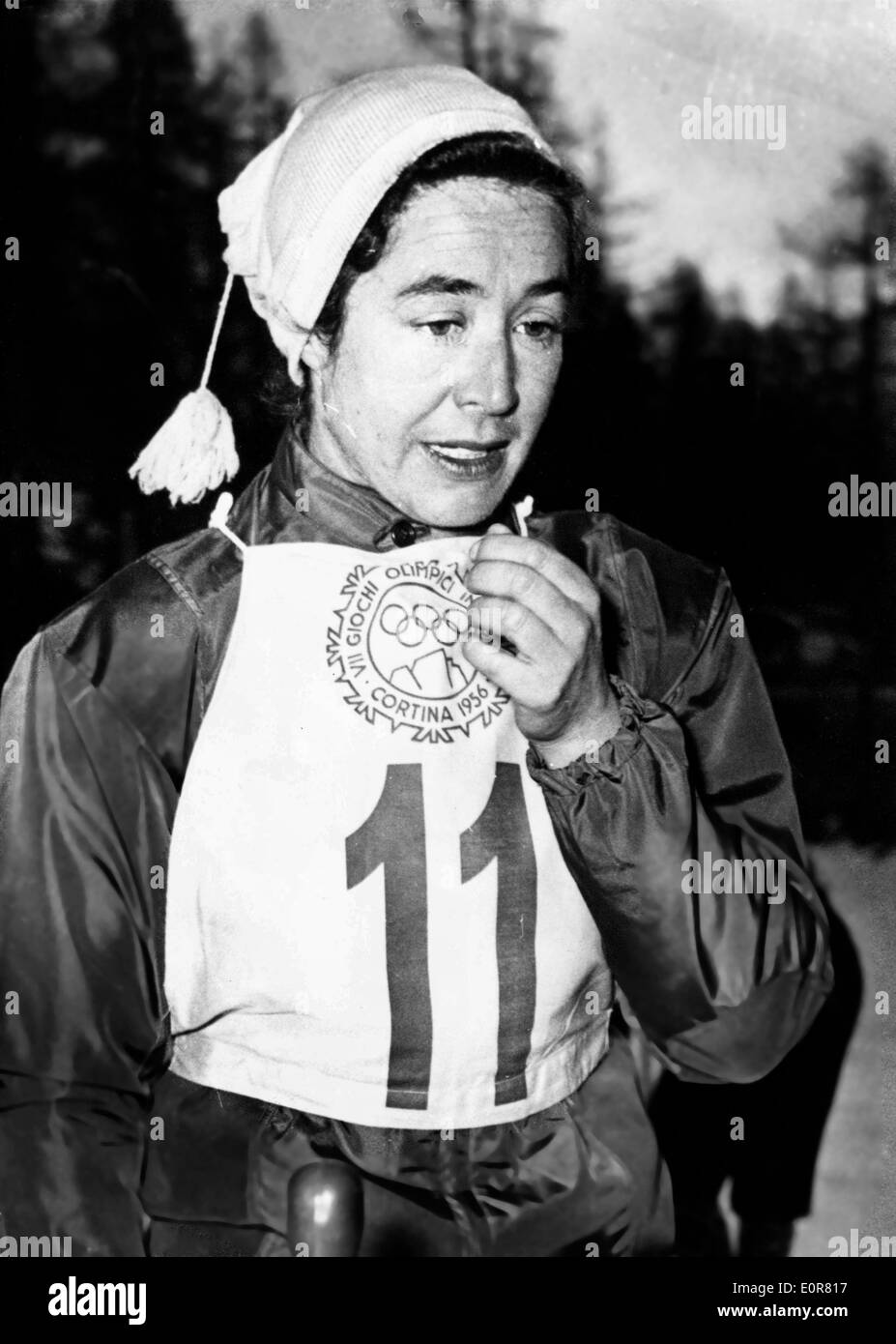 Französischer Ski-Champion Marisette Agnel während eines Wettkampfes Stockfoto