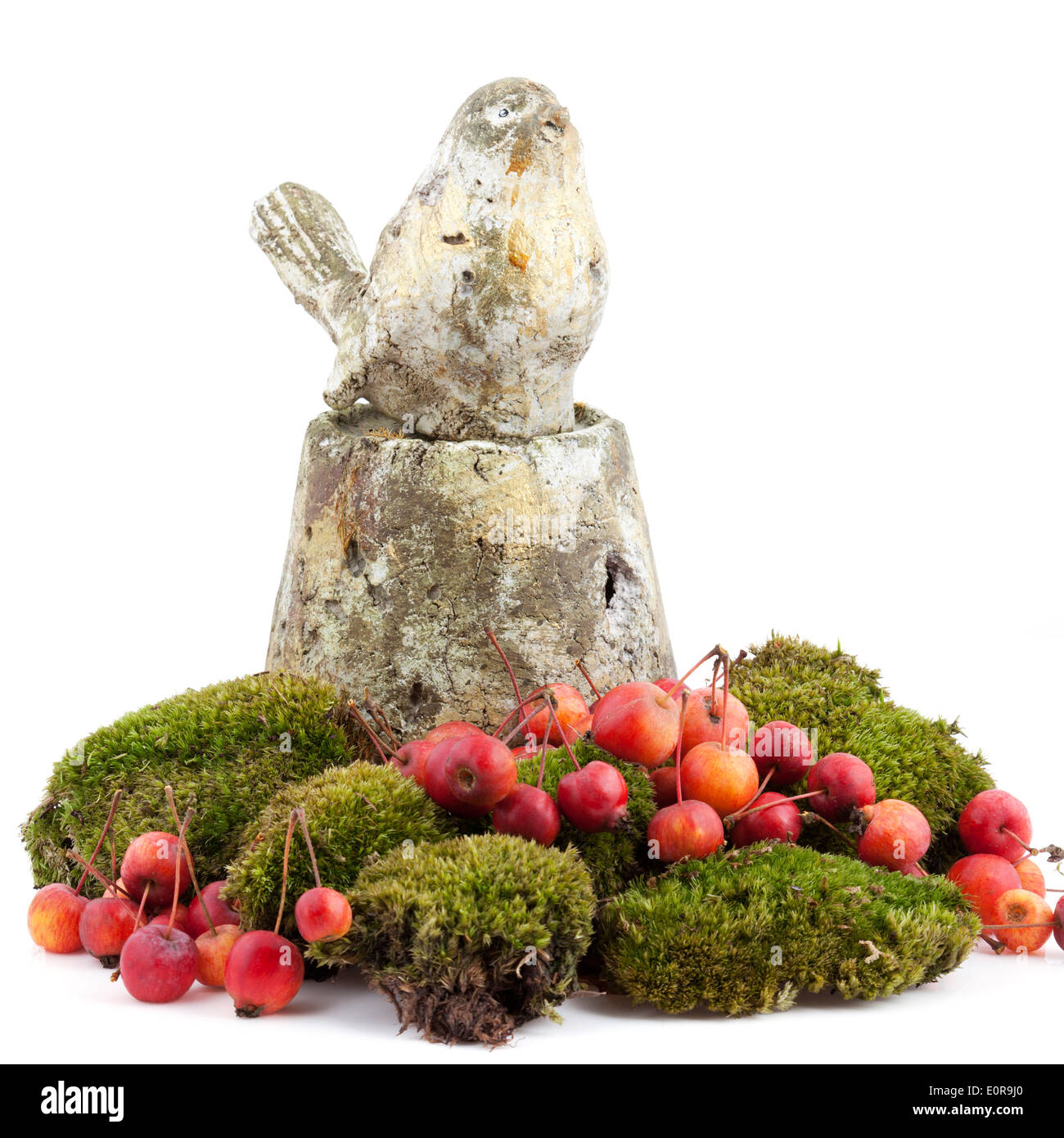 Dekoration mit Moos, Obst und eine kleine Vogel-statue Stockfoto