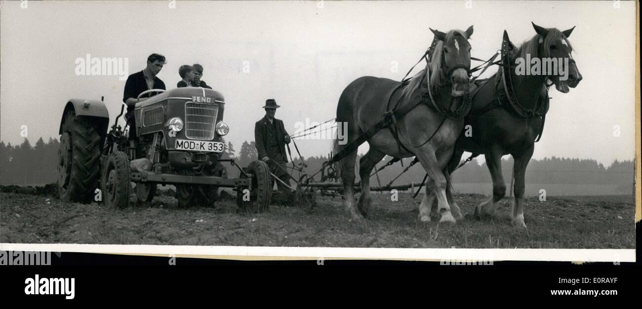 10. Oktober 1958 - Meisterschaft im Pflügen: In Western Germany Stuttgary-Hohenheim die Champions des Pflügens finden Sie bei 3 rd und 4. Oktober. Fliesenleger aus 16 Nationen kämpfen um den '' goldenen Pflug '' - der Preis für den Gewinner des Wettbewerbs Bühne. Foto zeigt Pflügen sowie kann man. In der modernen Zeit verschwindet die Pferde aus den Bereichen und die Maschinen kommen. Aber noch Pferde bei der Arbeit helfen und PS Wenn Kampf gegen Maschinenleistung wie wir in diesen Bildern zeigen - geschossen in das Allgäu. Stockfoto