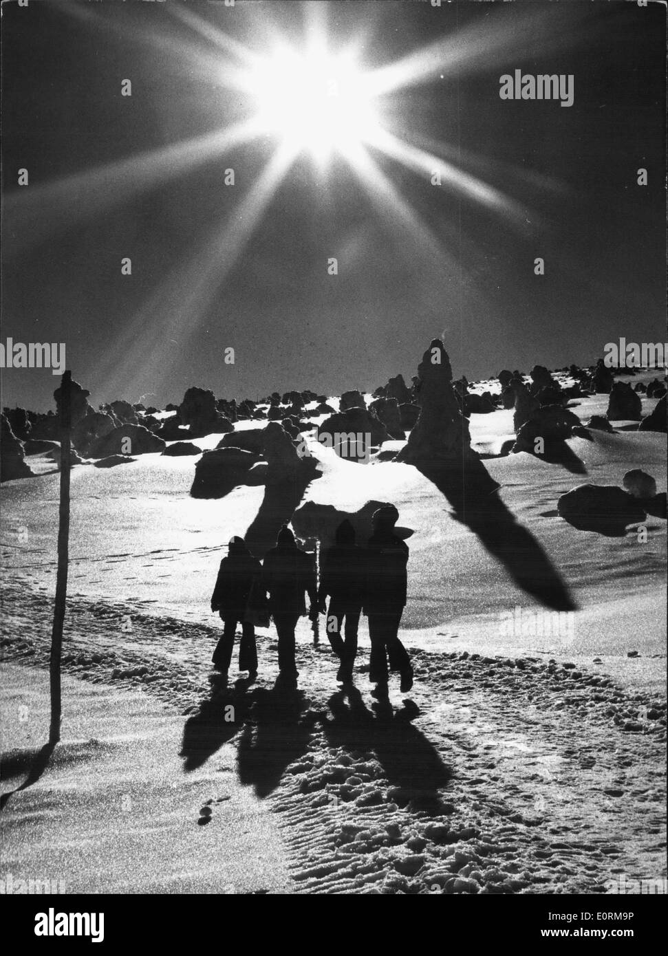 1. Januar 1960 - Muge Icycles bedeckt mit dicken Schnee auf die Schneekoppe Peek im Riesengebirge / Südwesten / Polandi. Stockfoto