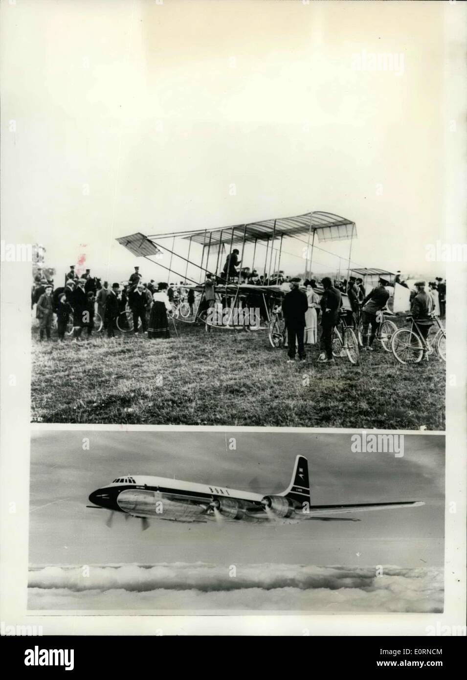 25. Januar 1960 - Antike und moderne... Fünfzig Jahre der Luftfahrt... Die 'Boxkite'- und der Bristol Britannia... Die berühmten Bristol Aeroplane Company feiert seinen 50. Geburtstag am 19. Februar 1960. Die Firma produzierte sein erstes Flugzeug im Jahr 1910 - wenig mehr als sechs Jahre, nachdem die Gebrüder Wright erreicht hatten ihre Epoche machen bei Kittyhawk Flug. Das erste Flugzeug in Bristol war der Boxkite Doppeldecker in der Produktion ein paar Monate nach Gründung Stockfoto