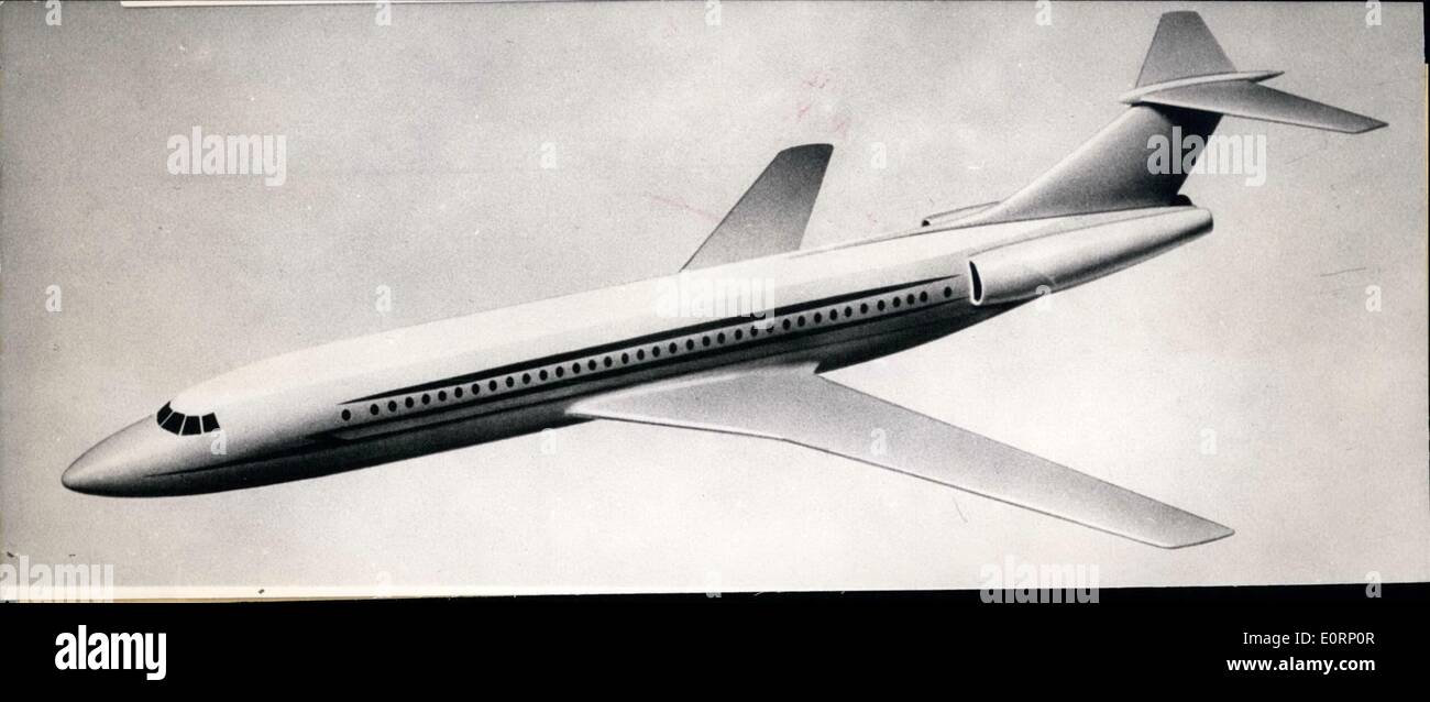 04.04.1960 - Neues LET-Flugzeug in Hamburg gebaut: Die Hamburger Flugzugbau GmbH hat jetzt einen neuen Jet-Typ entwickelt, der 78 Passagiere mit einer Geschwindigkeit von 980 km/h befördern kann Dieses Flugzeug, die HFB 314, ähnelt dem französischen Carvelle. Etwa 30 Monate nach Erteilung eines Bauauftrags für dieses Flugzeug wird der Jet dieses Typs starten und es wird ein weiteres Jahr dauern, bis der erste in Serie gebaute Jet fertig gestellt ist. Stockfoto