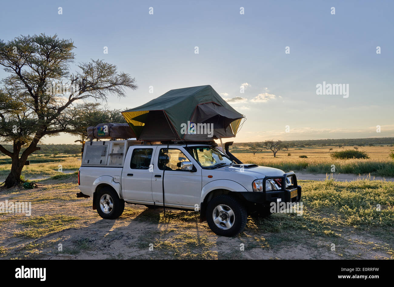 4 x 4 Geländewagen mit Dachzelt in Landschaft der Kgalagadi Transfrontier Park, Mabuasehube Abschnitt, Kalahari, Südafrika, Botswana, Afri Stockfoto