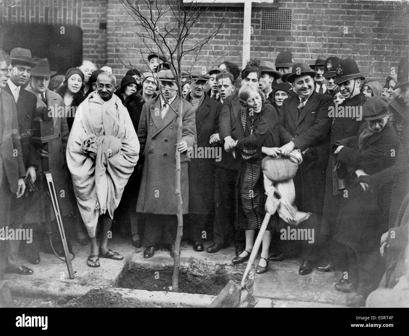 Mahatma Gandhi außerhalb Kingsley Hall einen Baum gepflanzt Stockfoto