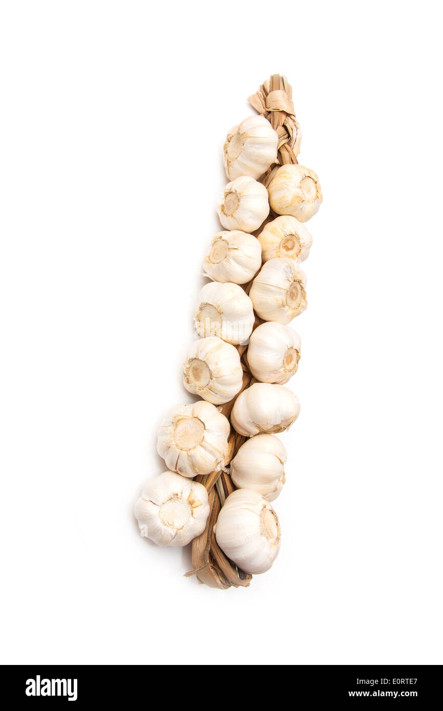 Reihe von Knoblauch Zwiebeln isoliert auf einem weißen Studio-Hintergrund. Stockfoto
