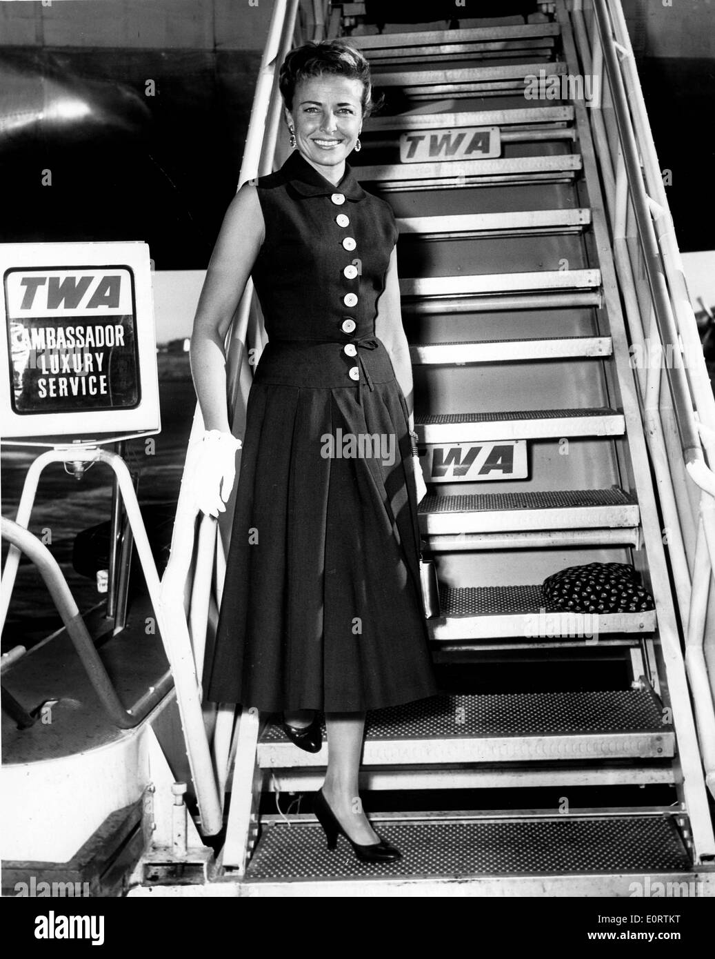 Schauspielerin Doris Day boarding eines TWA Jet-Streams Stockfoto