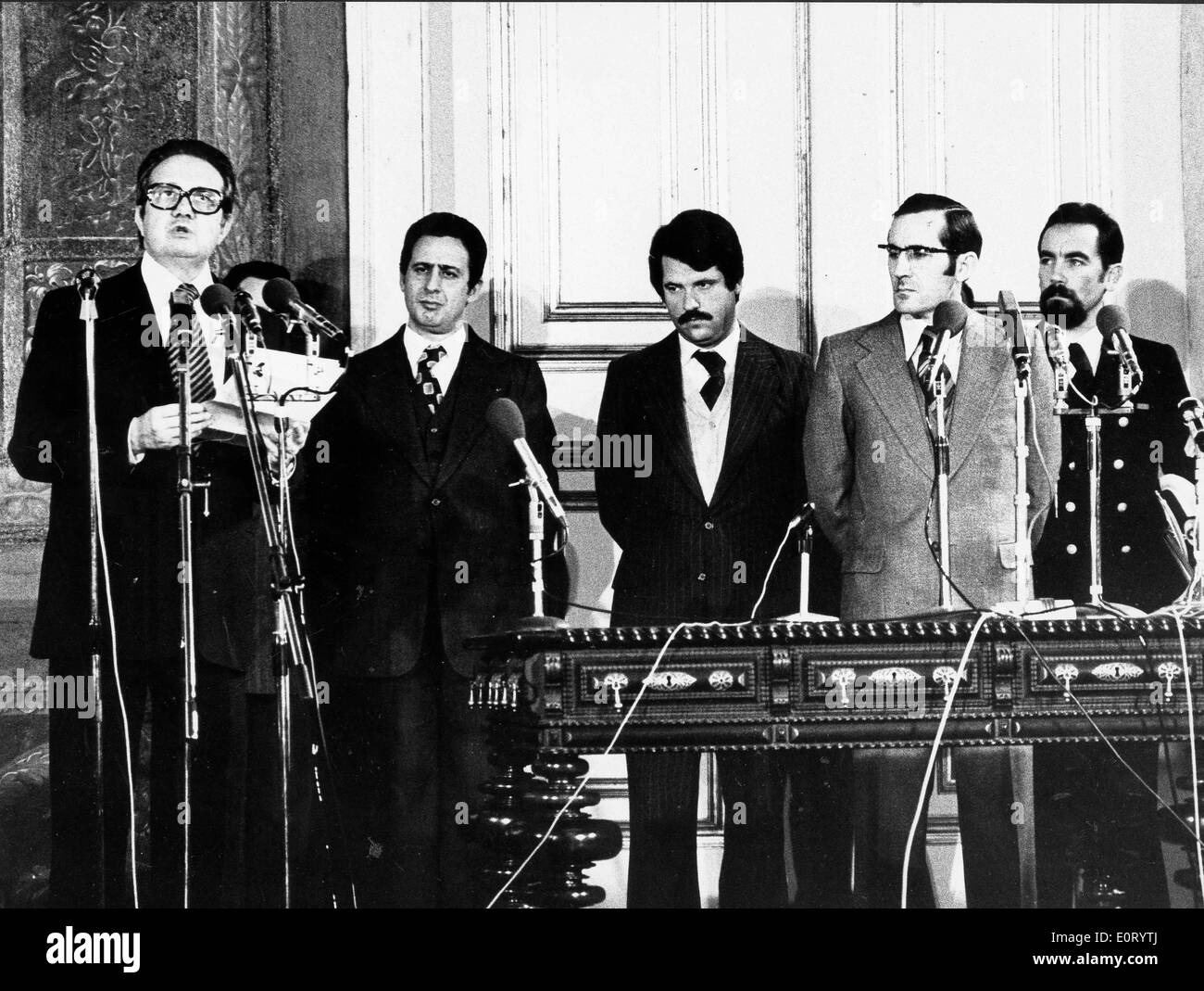 Portugiesische Präsident Mario Soares spricht auf einer Konferenz Stockfoto