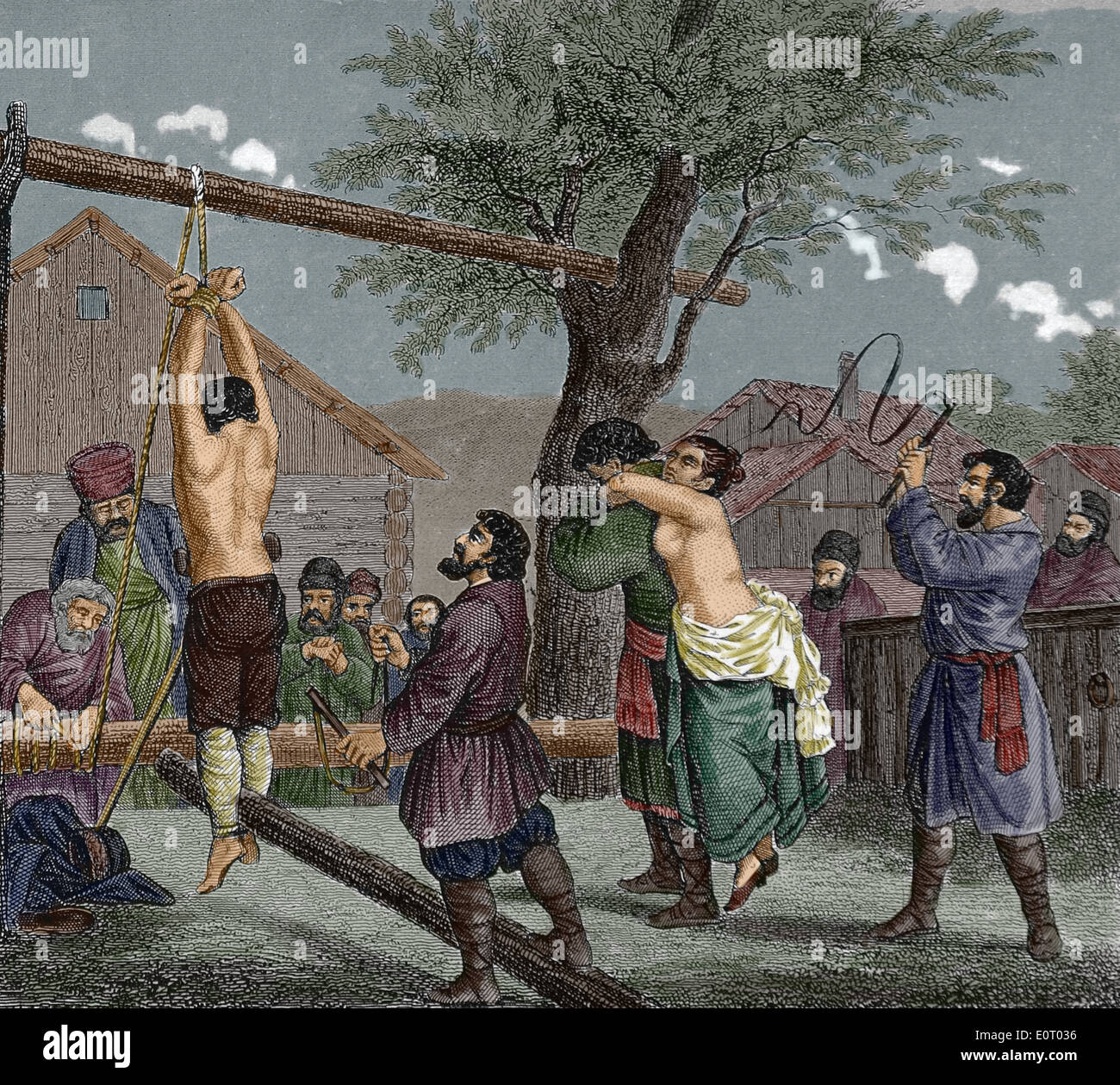 Geschichte. Russland. Bestrafung mit einer gewöhnlichen Ritterschwert und ein großes Ritterschwert. 18. Jahrhundert. Gravur. Stockfoto