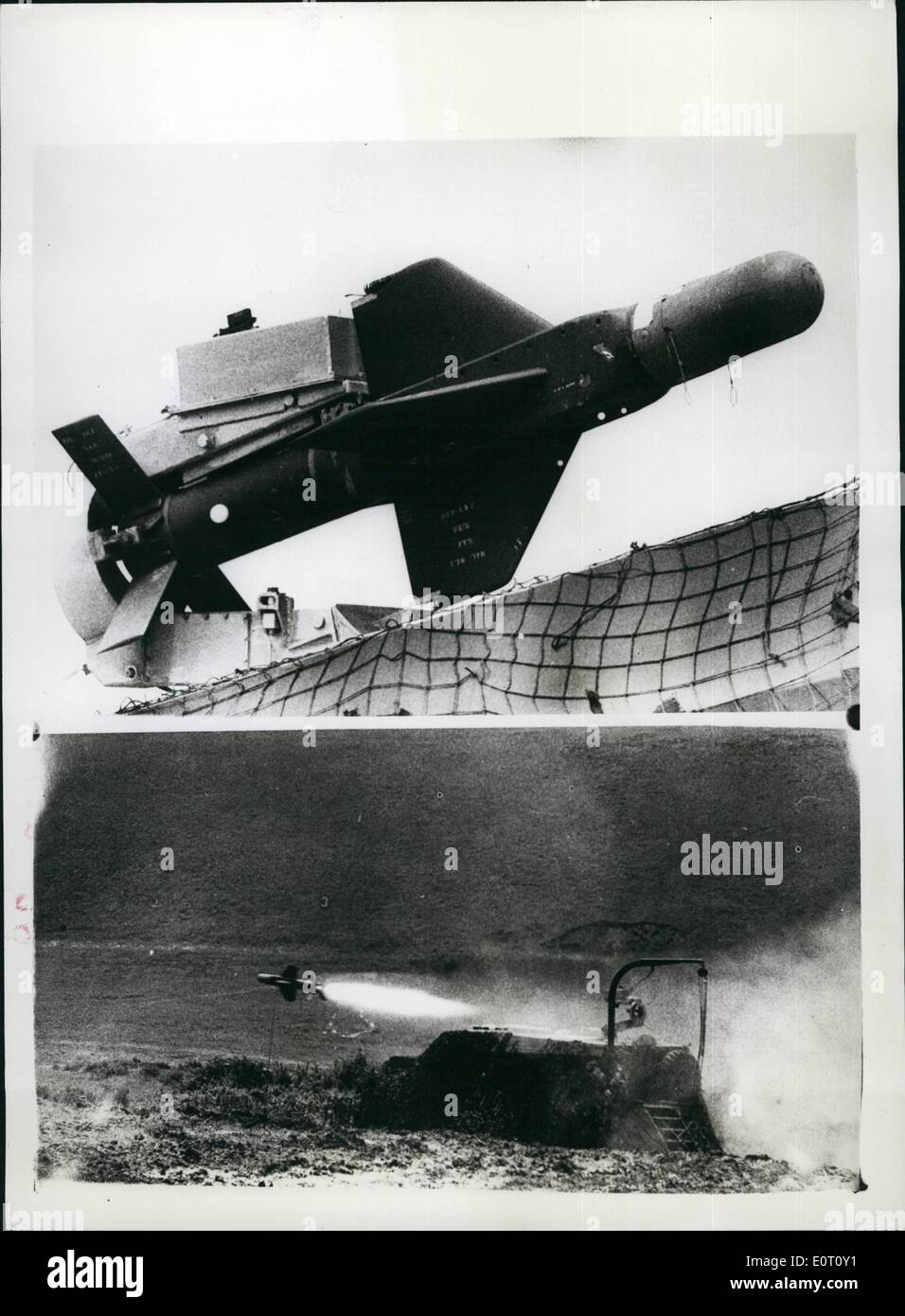 6. Juni 1960 - erfolgreicher Test der Weizen Panzerabwehr-Lenkflugkörper: der Weizen anti - Tank Guided Missile wurde zum ersten Mal an das Royal Armoured Corps Centre bei Lulworth gestern gefeuert. Die erste Rakete, die ungefähr 5 ft lang und wiegt 200 lbs, Biss einer Tank Hulk bei einer Reichweite von 1.300 Yards und die zweite ein bewegliches Ziel der Leinwand bei 1.800 Yards. Die Rakete hat kleine Fackeln auf seine Flügel zu ermöglichen, ihr Beherrscher seinen Flug zu folgen und die notwendigen Signale entlang einem kommunizierenden Draht, ins Ziel zu lenken Stockfoto