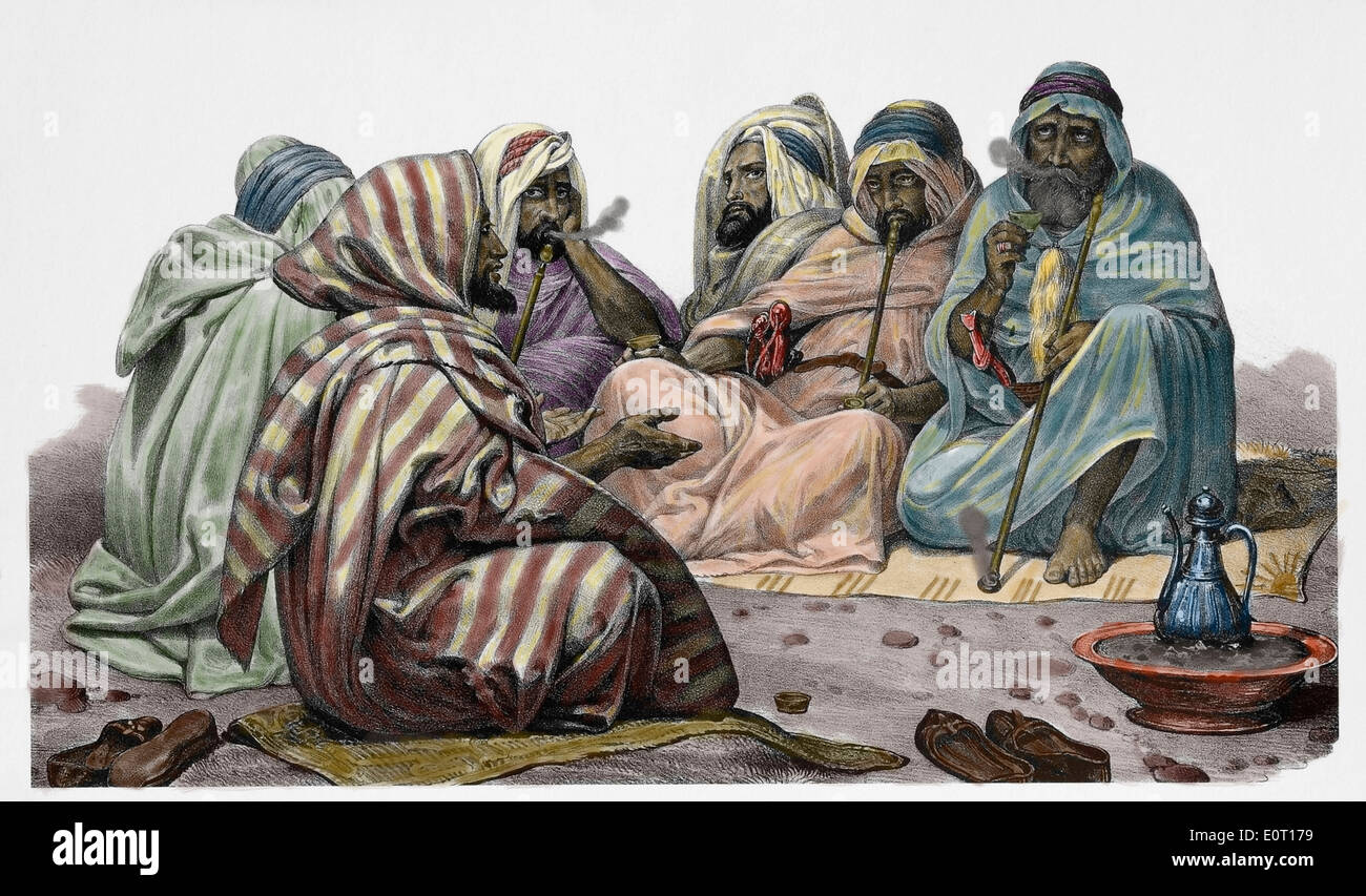 Afrika. Tunesien. Tunesische Männer, c. 1850. Gravur. Farbige. Stockfoto
