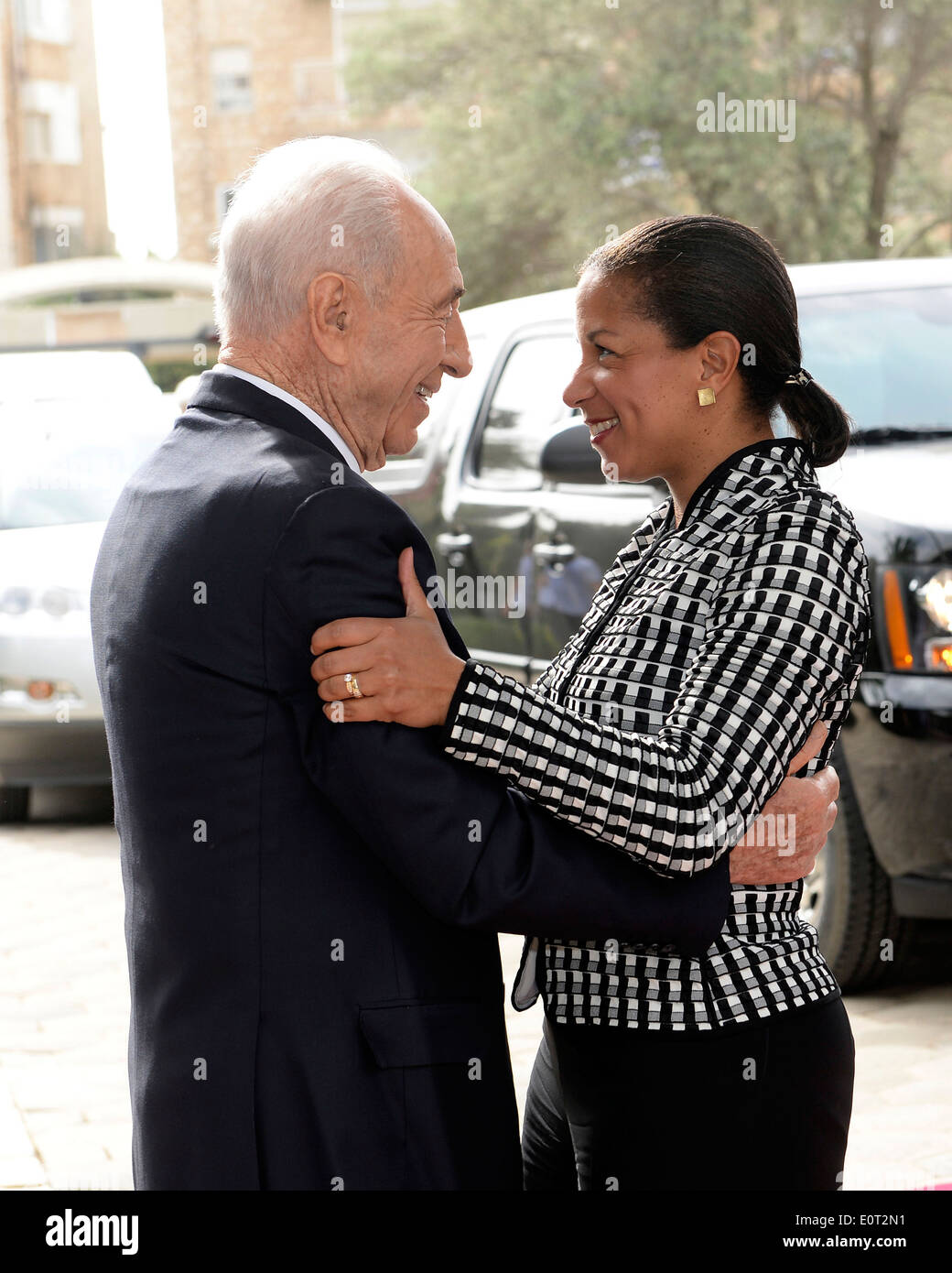 Israels Präsident Peres begrüßt Botschafterin Rice Stockfoto