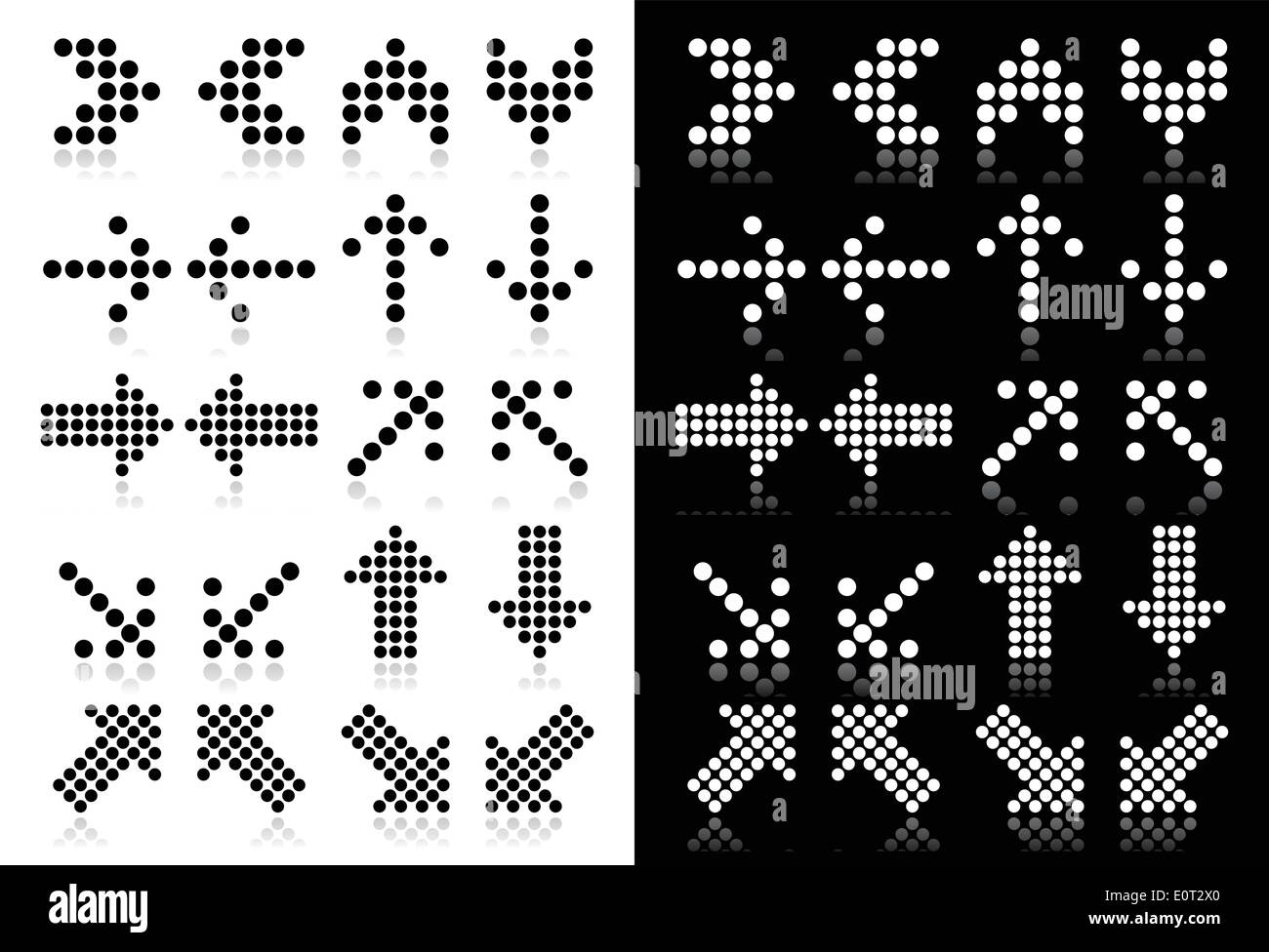 Gepunktete Pfeile Icons Set auf weißen und schwarzen Hintergrund Stock Vektor