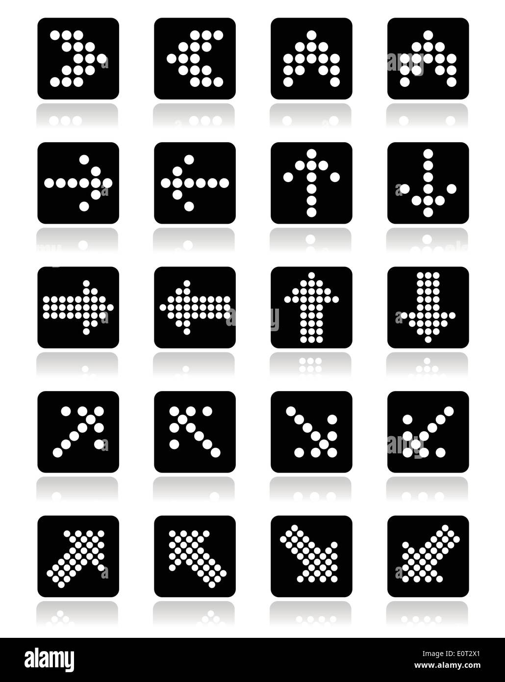 Gepunktete Pfeile am schwarzen quadratischen Symbole Set isoliert auf weiss Stock Vektor