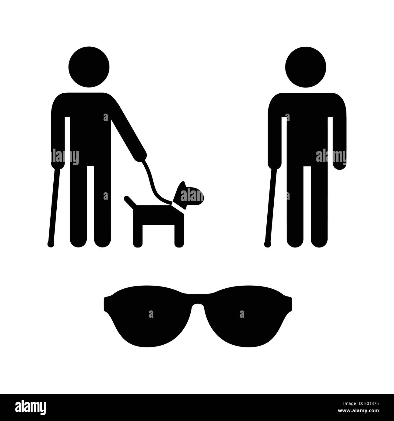Blinder Mann Symbole gesetzt - mit Blindenhund, Spazierstock Stock Vektor