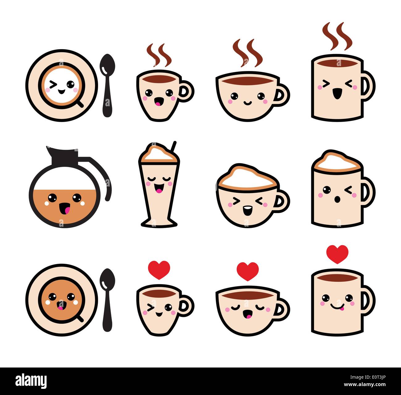 Süßen Kaffee, Cappuccino und Espresso Kawaii Icon set - Vektor Stock Vektor