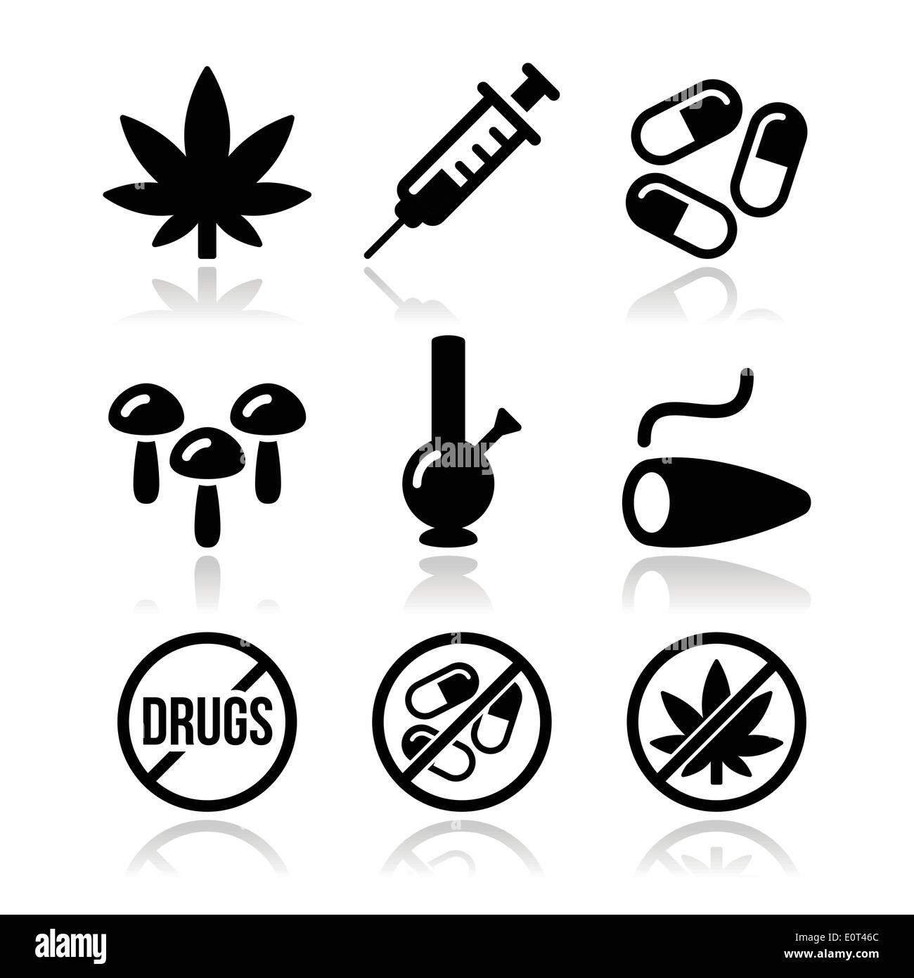 Drogen, sucht, Marihuana, Spritze Icons set Stock Vektor